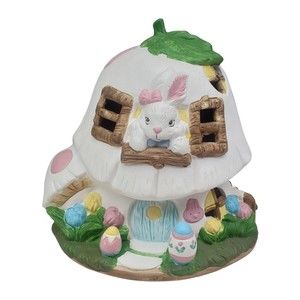 Vintage Ceramic Bunny Mushroom House Night Light Lamp Easter Spring Decor